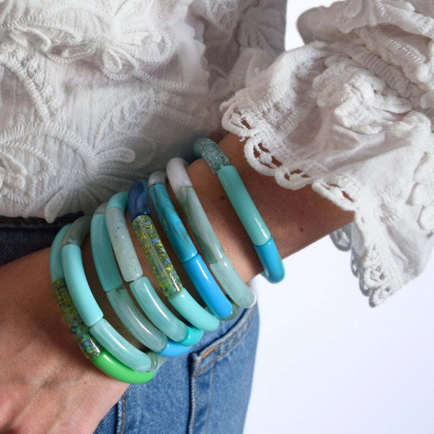 Bracelets joncs élastiques tons bleus