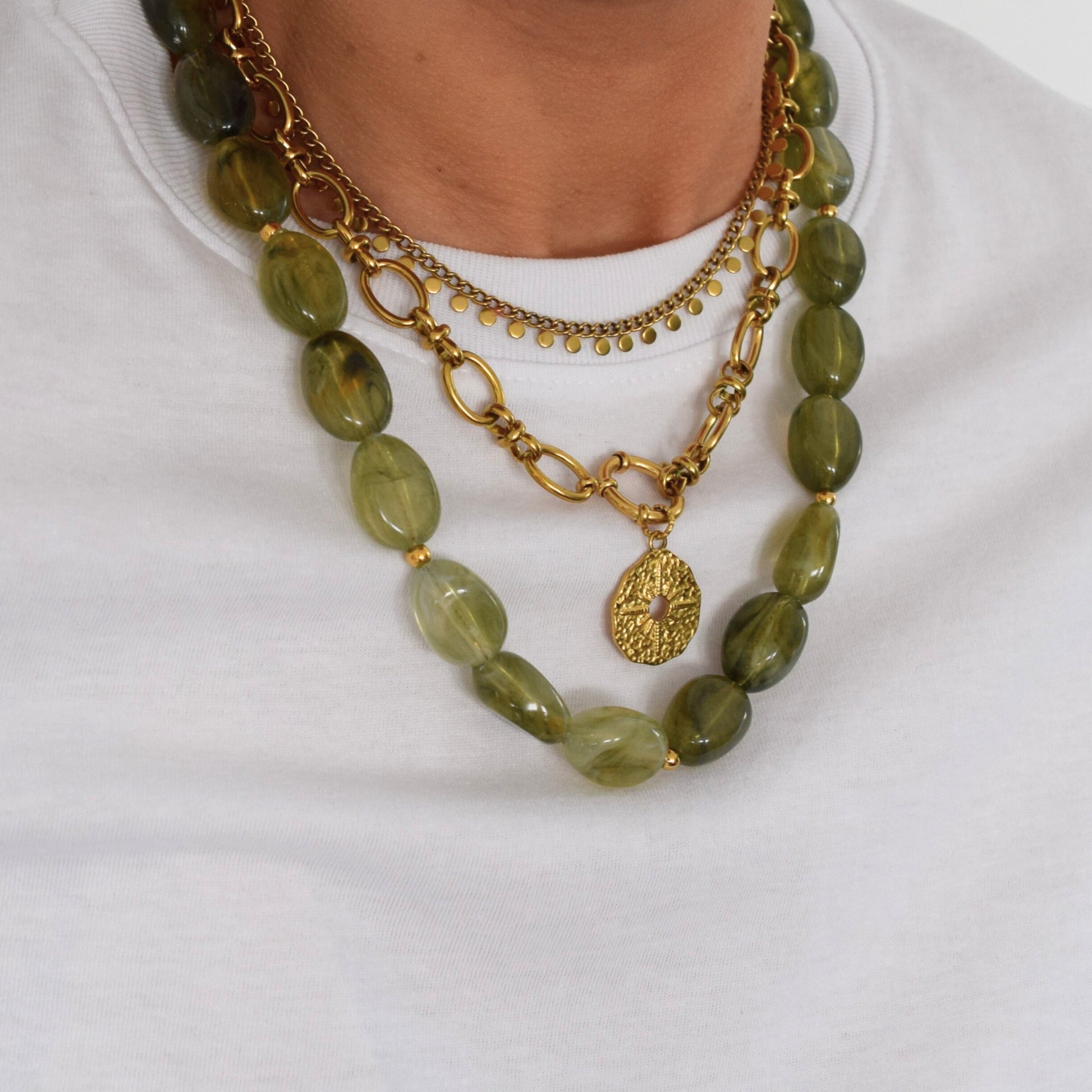 Collier femme perles translucides vertes