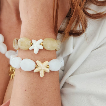 bracelet calypso perles blanches  et beiges étoile de mer