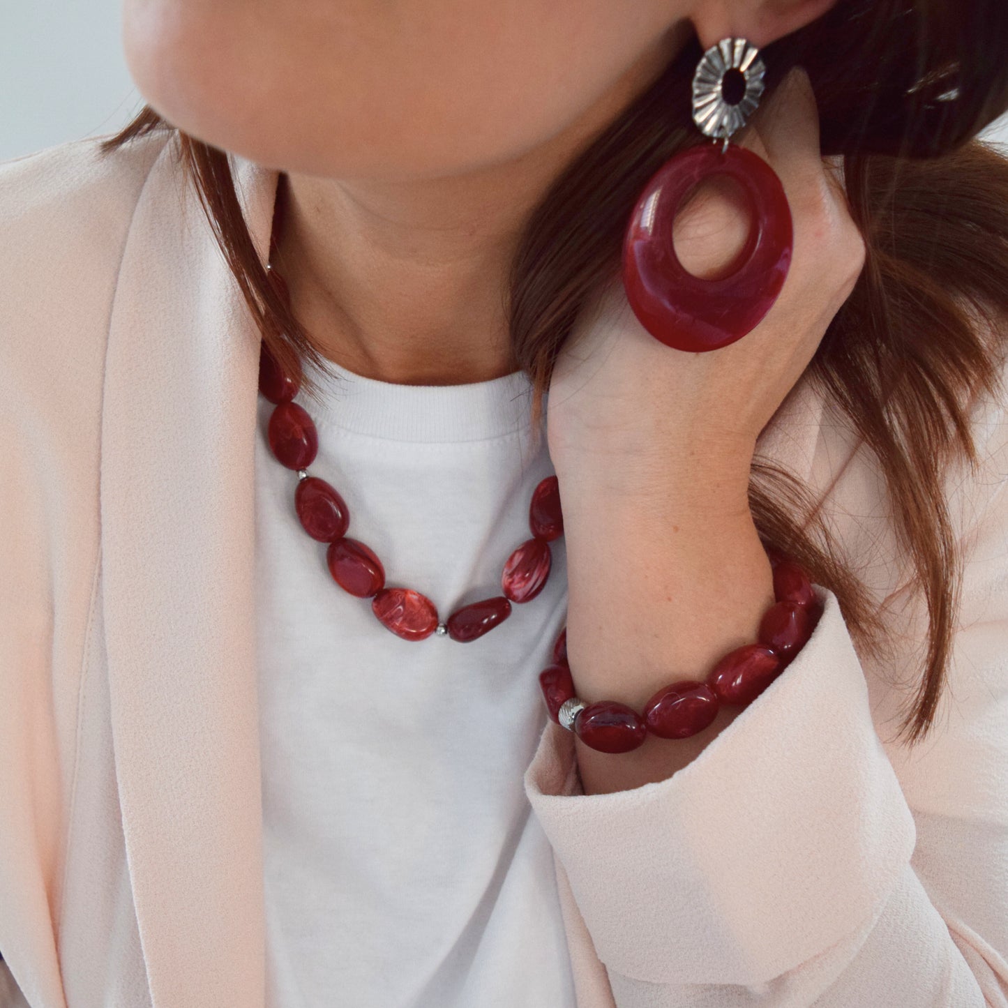 Bijoux perles bordeaux acier inoxydable