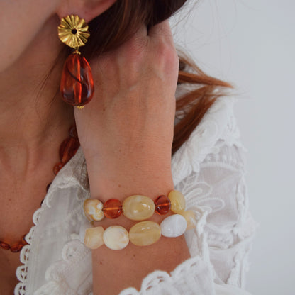 Bijoux artisanaux femme, boucles dorées à perle ambre, création française