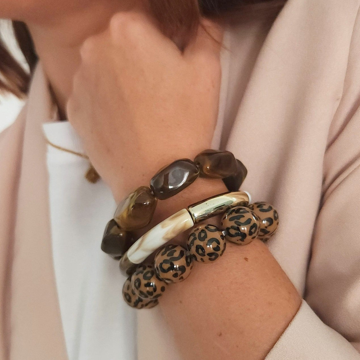 bracelets bohème chic perles léopard marron