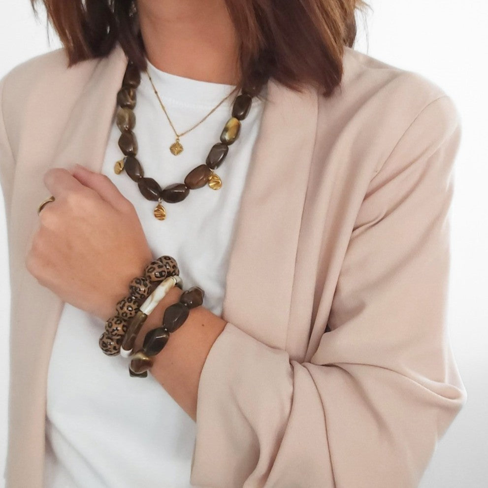 bijoux tendance femme perles marron acier inoxydable doré