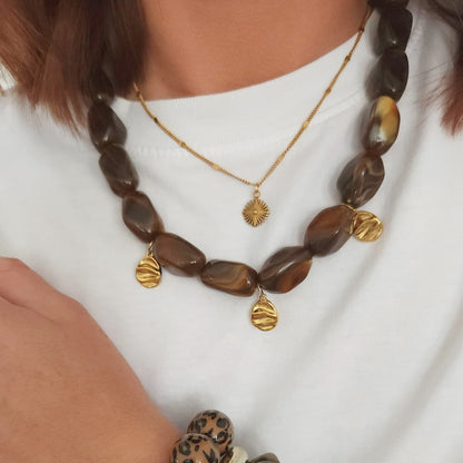 collier Mocha femme perles marron chocolat et acier doré