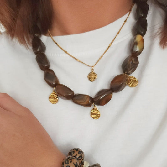 collier Mocha femme perles marron chocolat et acier doré