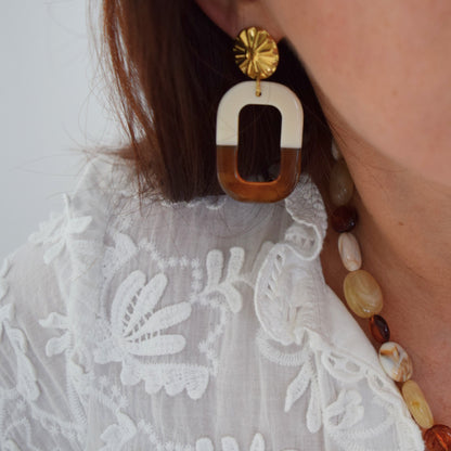 Boucles d’oreilles Sienna en résine ambrée et acier inoxydable – légères, faites main – bijoux élégants pour femme