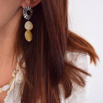 Gros plan sur boucles d’oreilles ÉLISE en version acier argenté, perles acryliques ivoire et miel.