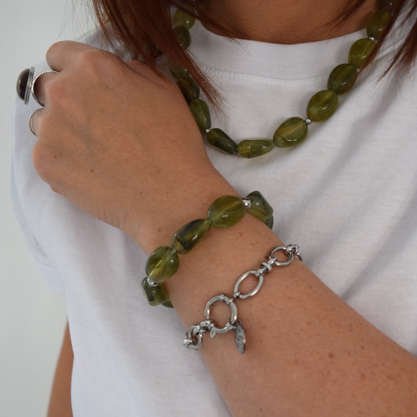 Bracelet perles ovales vert naturel