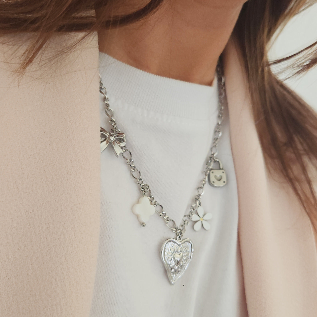 bijou femme charms cœur et fleur acier