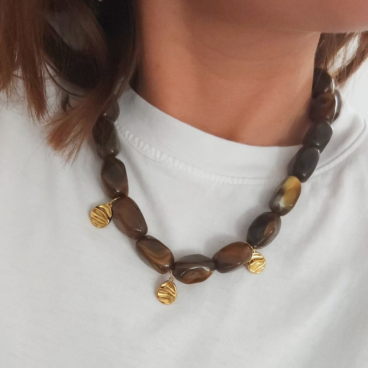bijou tendance femme perles brunes acier inoxydable