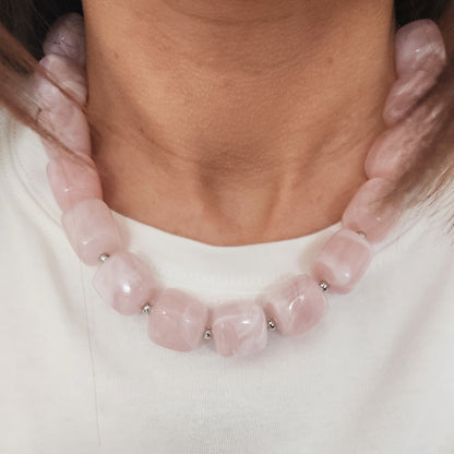 collier femme perles roses acier inoxydable