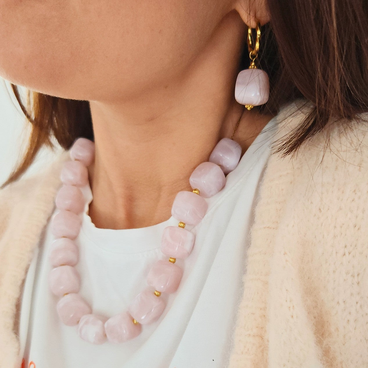 collier femme perles roses acier inoxydable doré