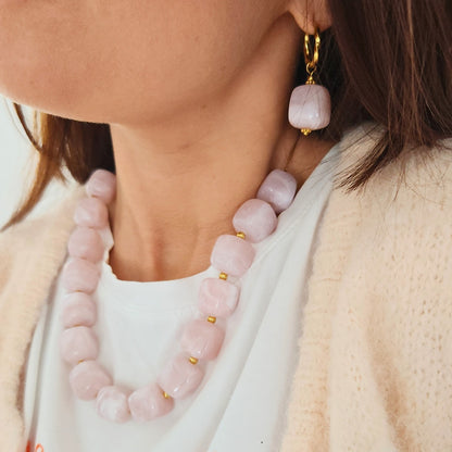 collier femme perles roses acier inoxydable doré