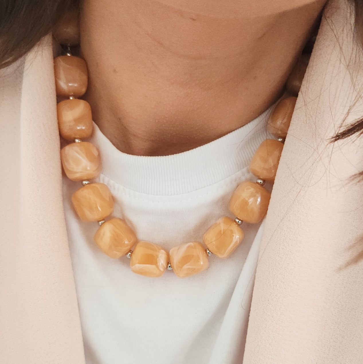 collier acier inoxydable argenté perles cubes